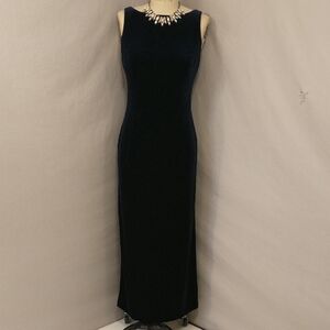 90s Deep Blue Stretch Velvet Gown Maxi Dress Low Back Modest Frnt Elegant Classy